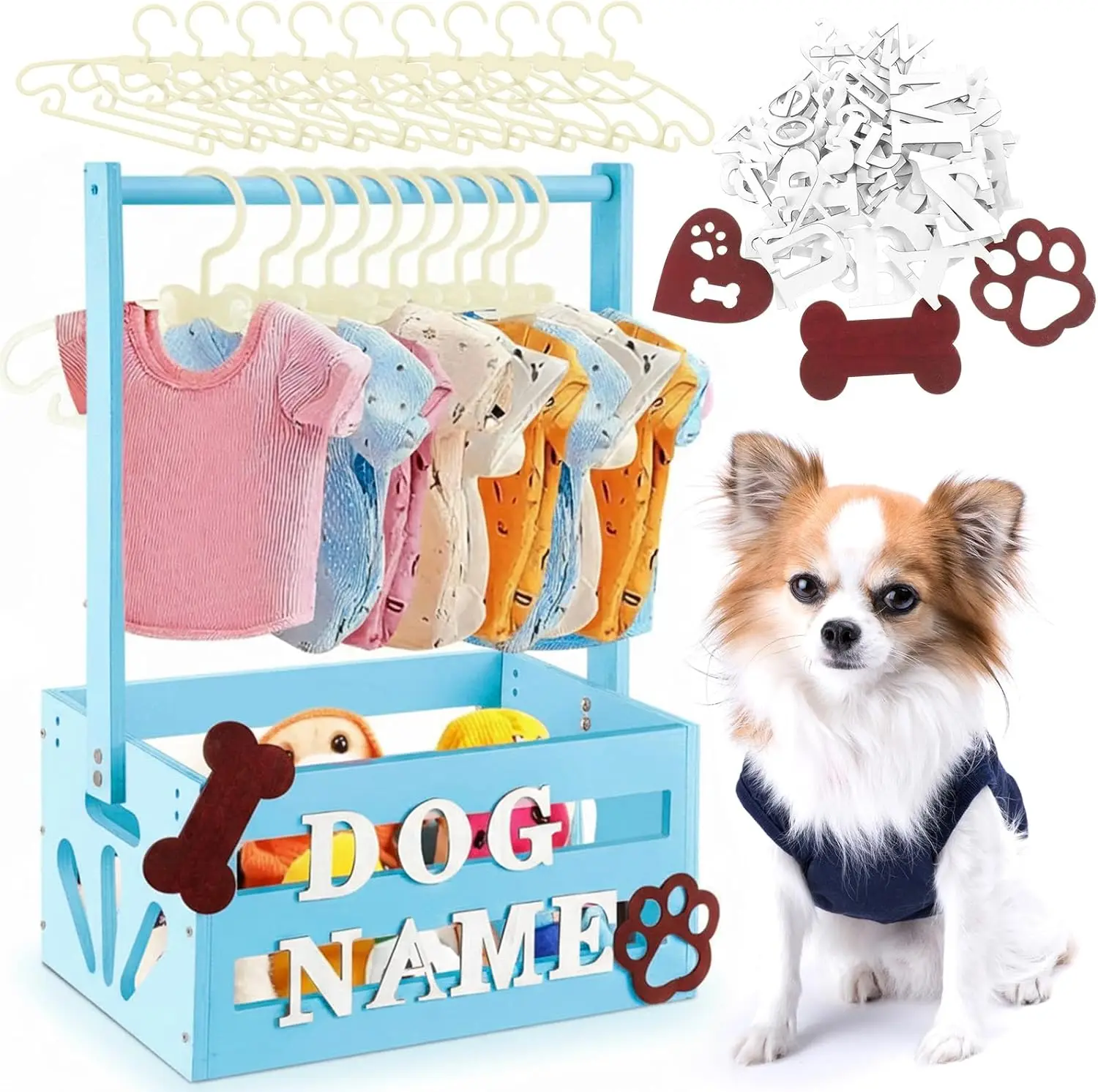20x13x9 Wooden Pet Wardrobe with Hanging Rods, Alphabet Letters & Baskets for Dog Cat Toys Clothes Accessories