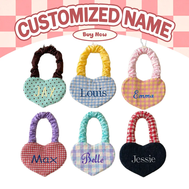 Personalized Heart Shaped Dog Bib Adjustable Drawstring Plaid Pet Saliva Towel for Small Medium Dogs 1.5-12.5kg