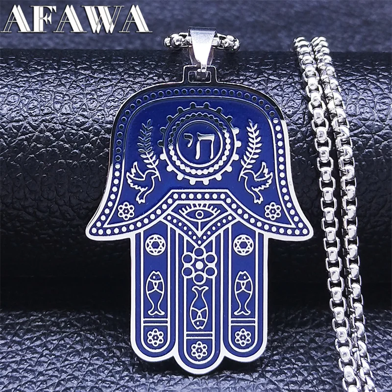 Hebrajski judaizm Hexagram żydowskie Hamsa ze stali nierdzewnej ręka rybie oczy naszyjniki niebieski kolor ręka Fatimy biżuteria N2868S02