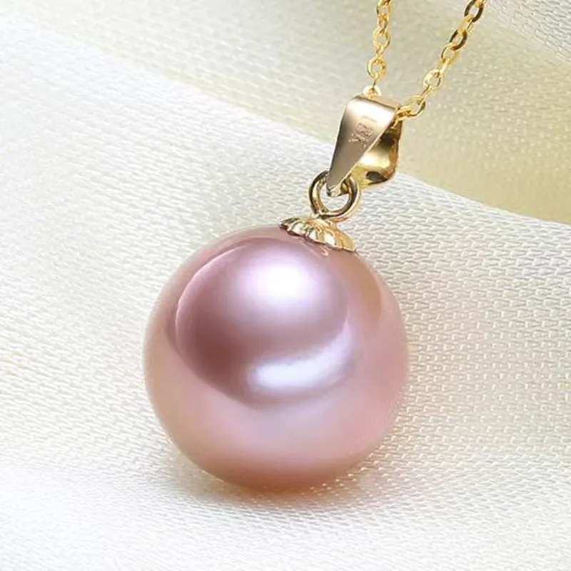 

15mm Natural Genuine Gold Pink Round Pearl Necklace Pendant
