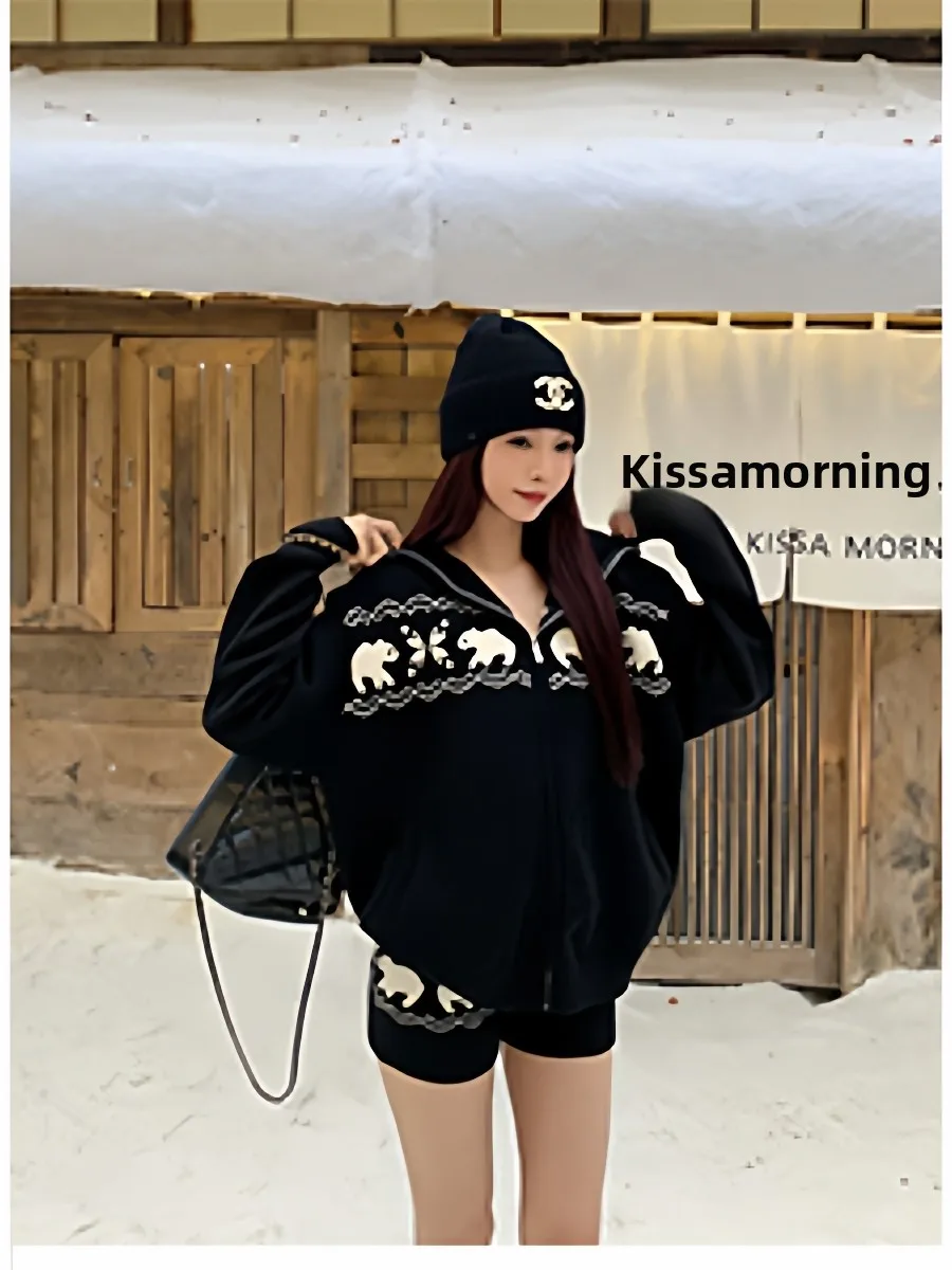 

Модный комплект из двух предметов: вязаный свитер-куртка с капюшоном на молнии и шорты в стиле Fair Isle с полярным медведем, осенне-зимний, в непринужденном стиле