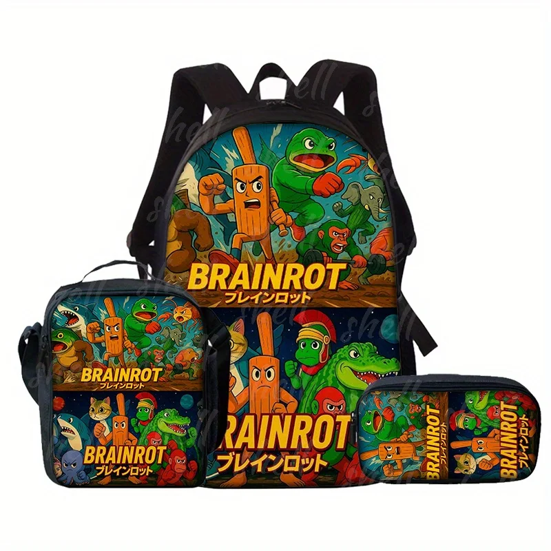 Lightweight Travel Bag - 3pcs Italian Brainrot Print Backpack Set - Multifunctional Storage Bag | Fashionable Design - Adjustabl