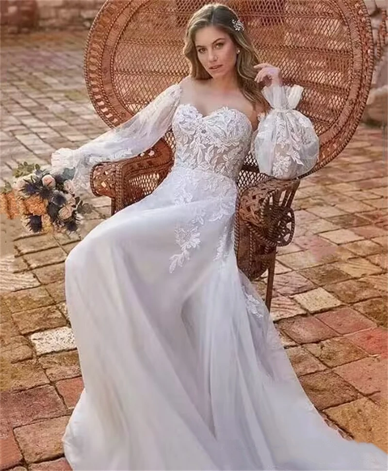 

Beach Boho A Line Wedding Dress With Detachable Long Sleeves Bridal Gowns Lace Appliques Sweetheart Neck Open Back Buttons