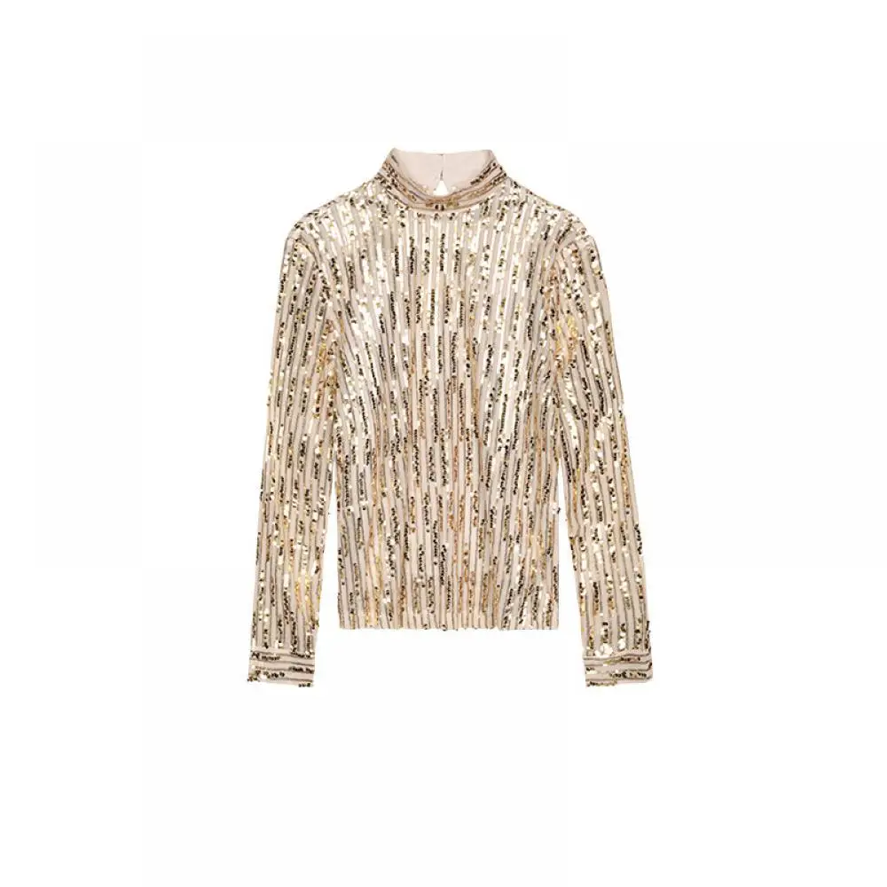 Spring Women Mesh Tops Brand Blouse Handcrafted Sequin Blingbling Striped Golden Luxury Shirts Long Sleeve Stand Collar