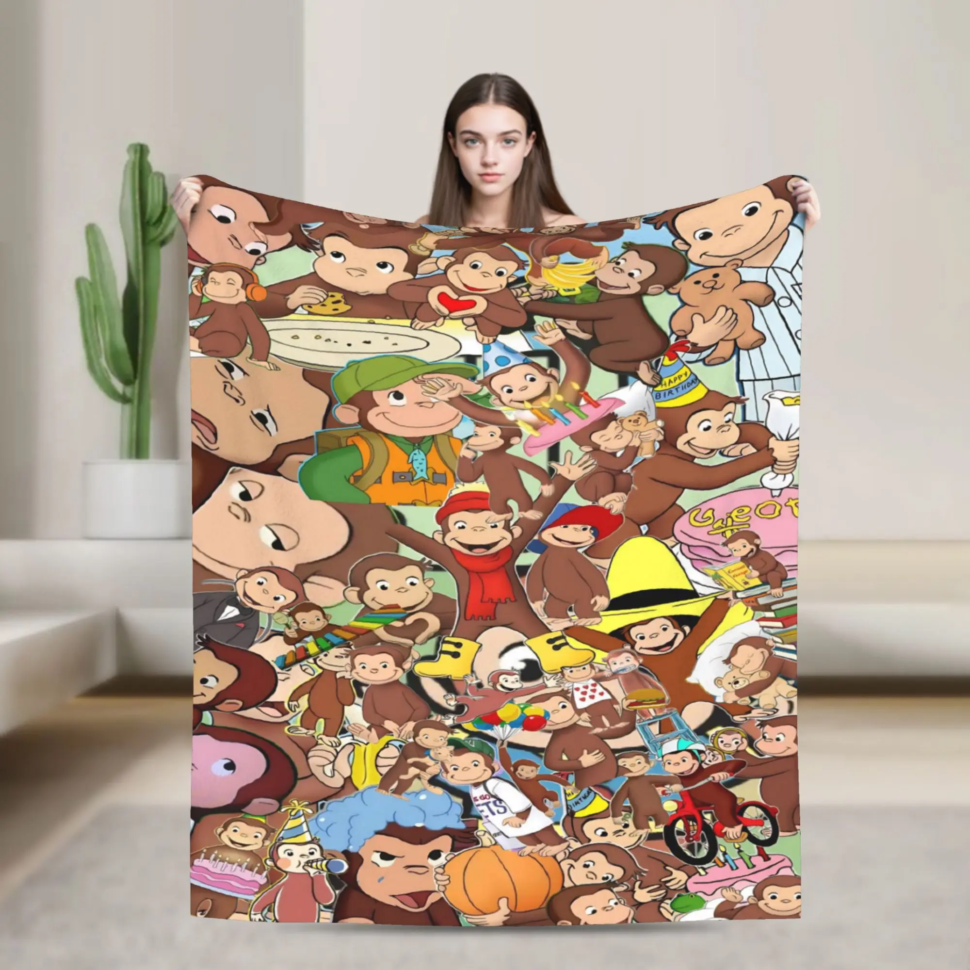 Colorful Curious George Character Collage Warm Soft Blanket Plush Bedding Throws Funny Home Decor Flannel Bedspread Bed Cover
