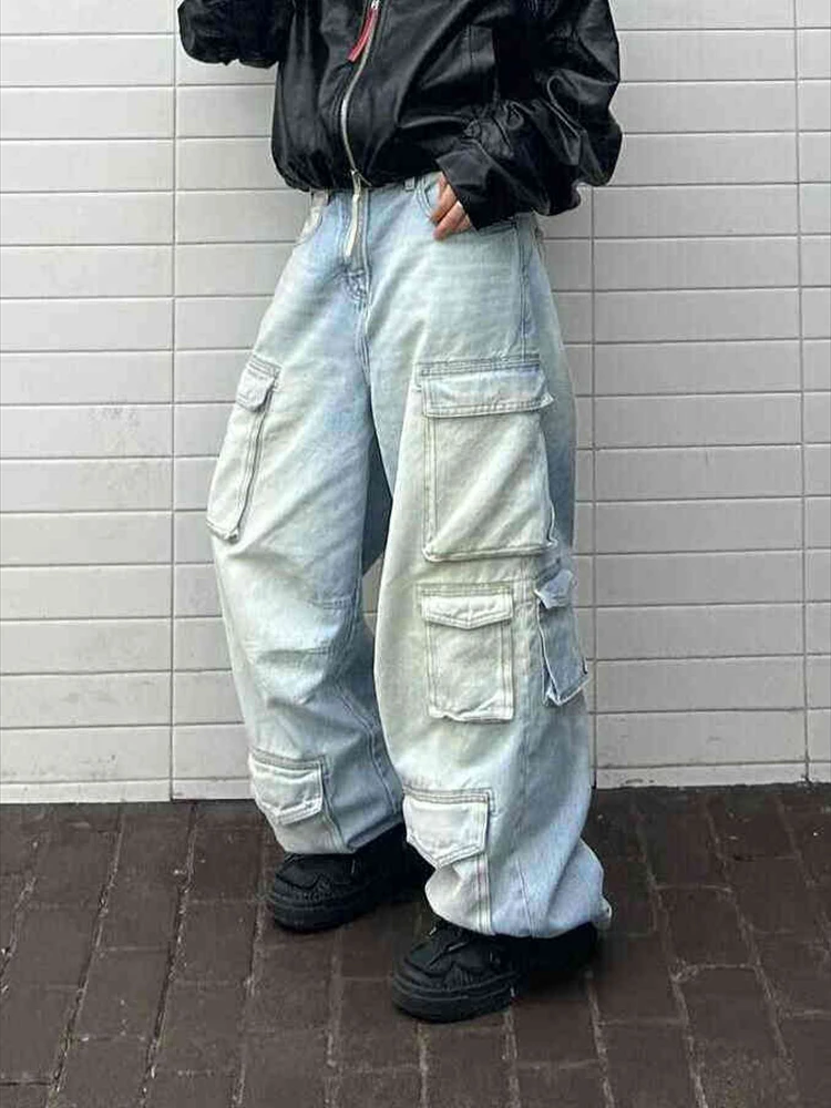 Women Light Wash Blue Low Waist Casual Cargo Wide Leg Cargo Denim Pants Autumn Skater Hiphop Multi-pocket Baggy Jeans
