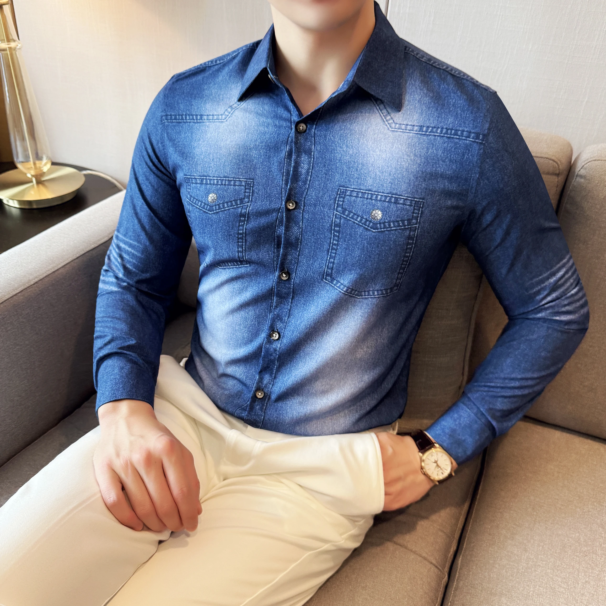 قمصان طويلة الأكمام للرجل الكورية موضة الدنيم مثل سليم صالح الرجال الاجتماعية قميص رفض طوق بلوزة مكتب عادية أوم 4XL