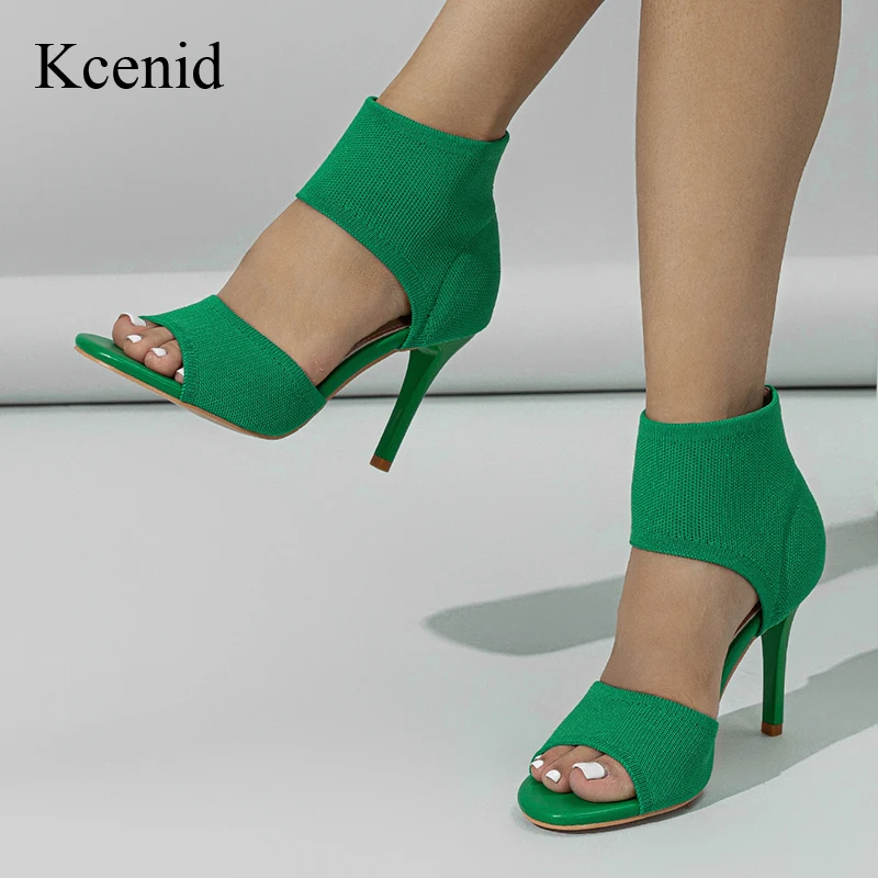 

Kcenid Cozy Knitting Stretch Fabric Cover Heels Sandals Women Peep Toe Thin High Heels Gladiator Sandals Cut-Out Dancing Shoes