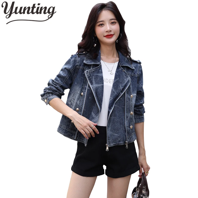 

Jean Jacket For Women Vintage Locomotive Lapel Zippers Fashion High Street Casual All-match Denim Blazer Coat Streetwear