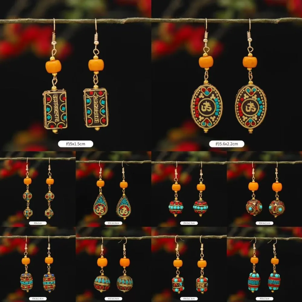 Retro Exotic Style Nepalese Earrings for Women Inlay Gem Bead Handcrafted Copper Sculpture Tibetan Ethnic Luxury Jewelry Gifts