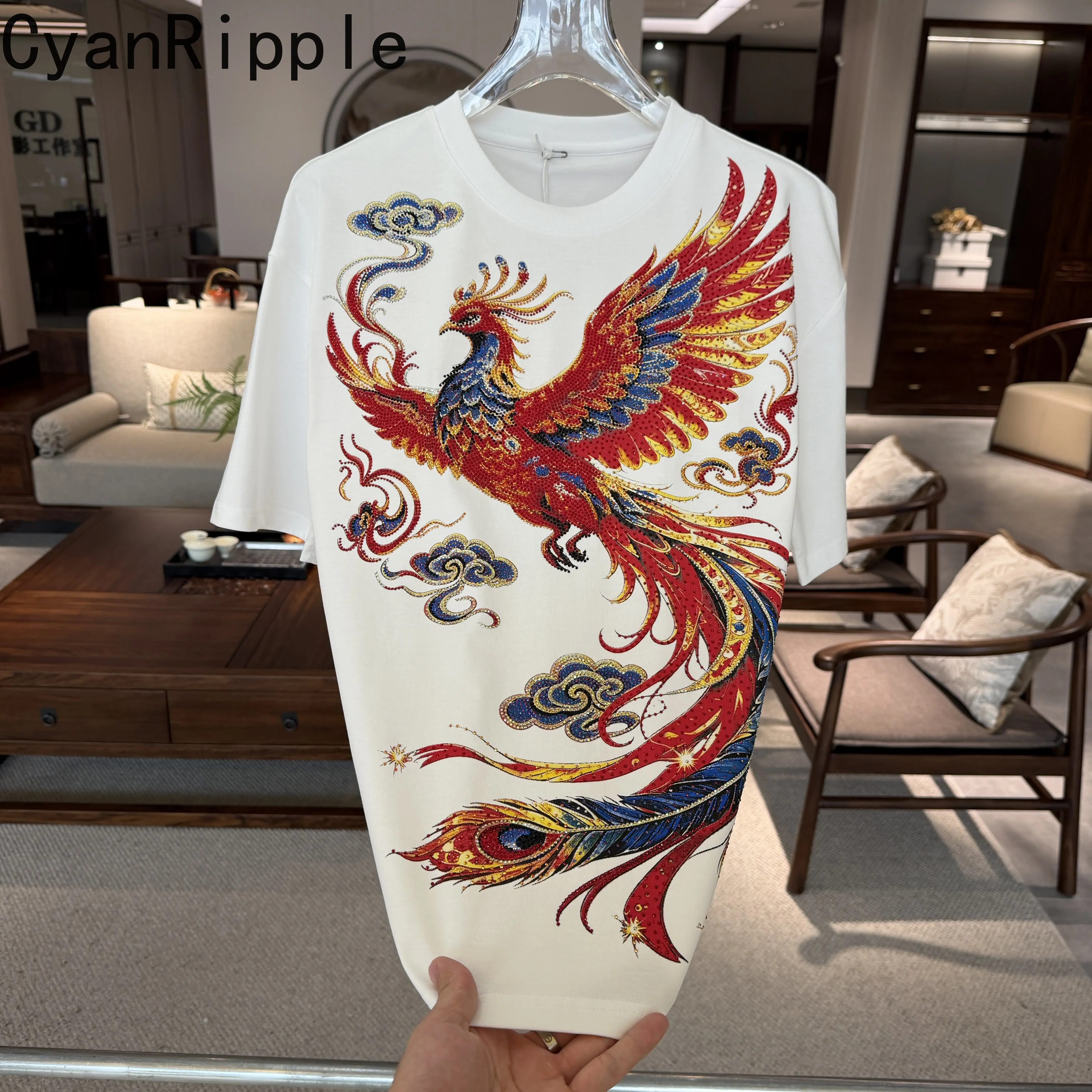 Handsome Chinese Wind Hot Diamonds Phoenix Printed Short Sleeve T-shirt Male Cotton Tees Round Neck Large Size Casual Tops 5XL