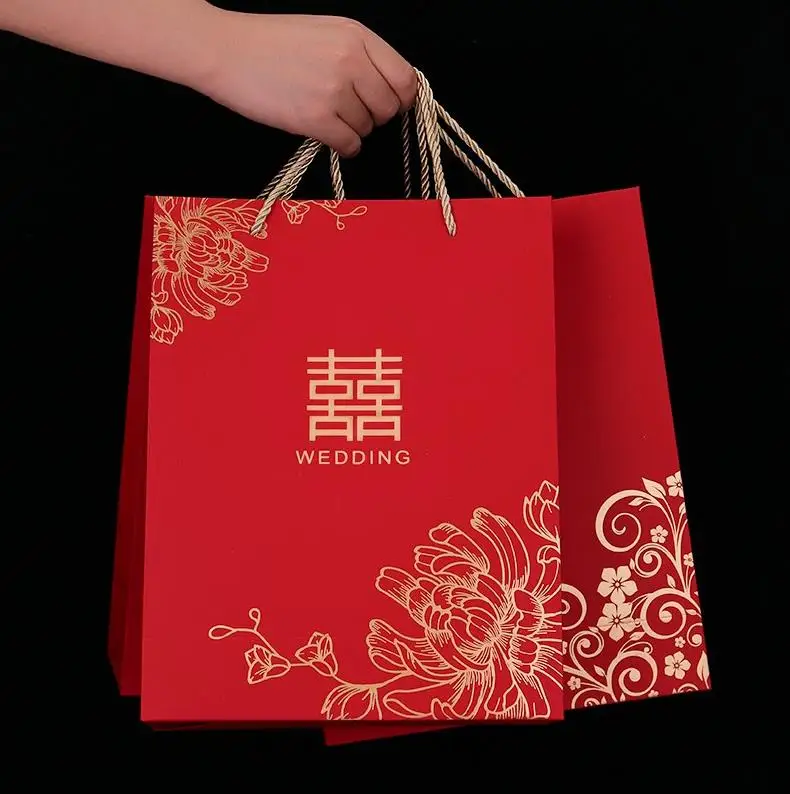 

100pcs/lot Chinese style Red Double Happiness Paper gift bags for Wedding Packaging Bag with Handle Party Favors ni113