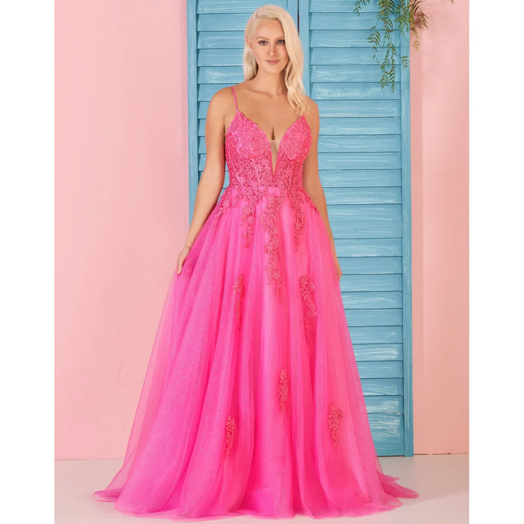 

Fuchsia Tulle A-line Prom Dresses V-neck Spaghetti Straps Floor-Length Party Dress Appliques Elegant Women Evening Gowns 2024