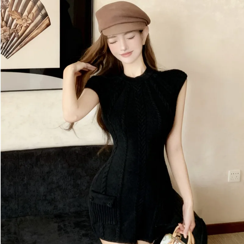 Slim Fit round Ne Twisted Waist ket Knit Dr Base Layer Wrap around Women's Faion Autumn Winter New Sle Casual Wear