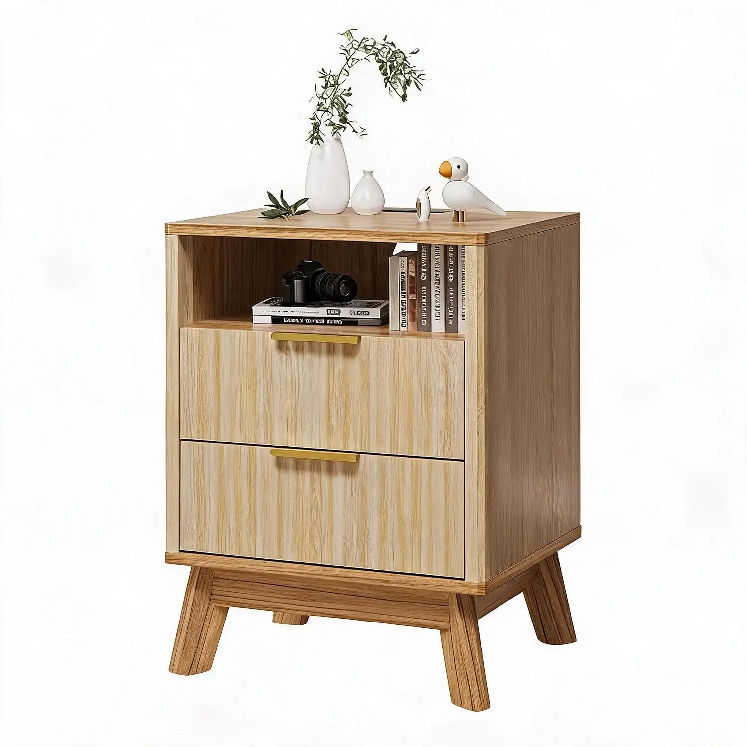 Fluted Nightstand with USB Charging Station, Faux Marble Top & Drawers, Bedroom Dresser, Small Bedside Table, Walnut, Customized