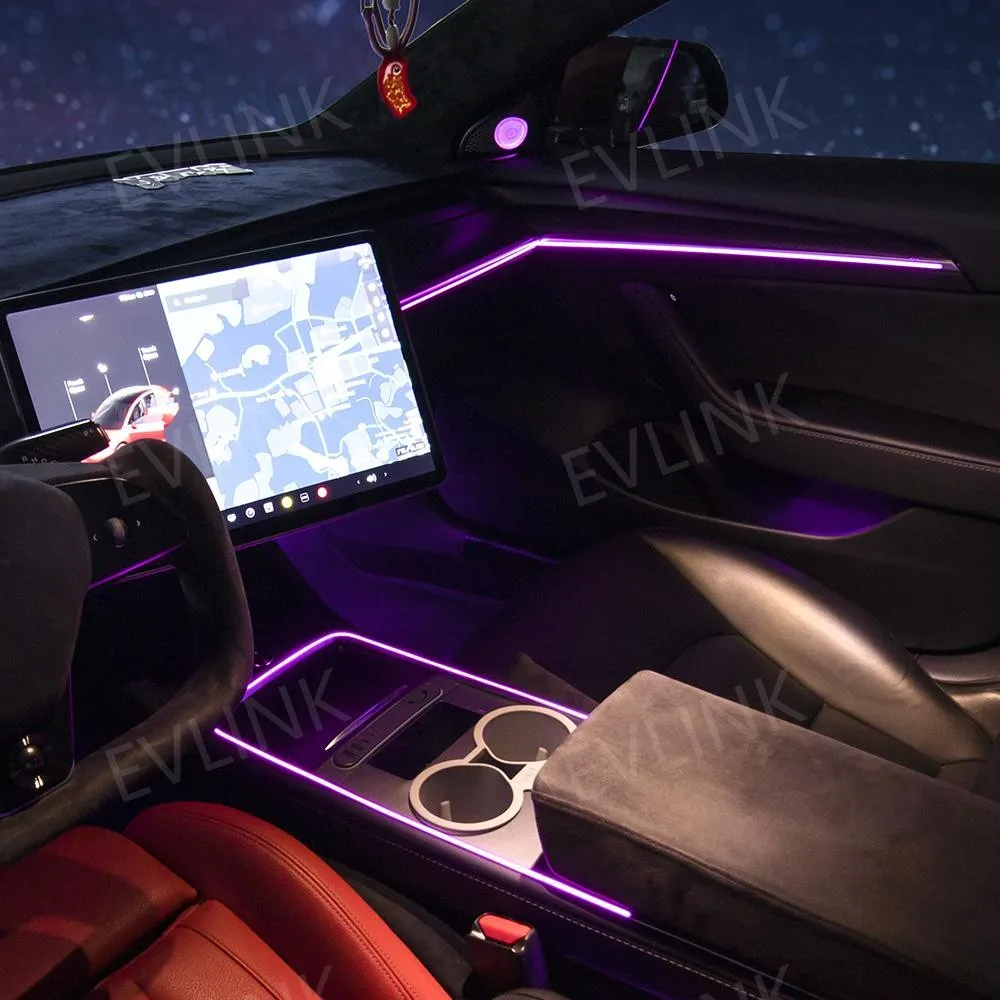 

Car Ambient Light Neon Wire Strip Color Changing 128 Color RGB Led Music Las er Light Strip for Te sla Model 3 Model Y 2021+