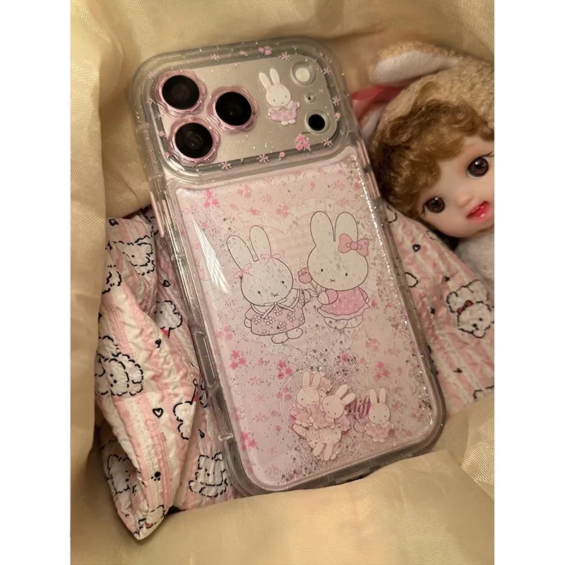Niedliche Cartoon-Flüssigkeitspuppe Miffy Glitzernde Handyhülle für iPhone 13 14 15 16 17 Pro Max Love Grid Miffy Glitzer-Cover ﻿ ﻿ ﻿ ﻿ ﻿ ﻿