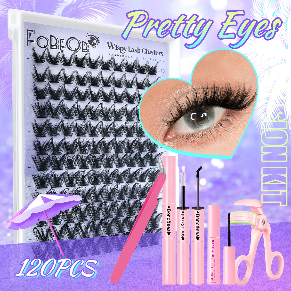 120 Stück/10–18 mm D-Krümmung in gemischter Länge, DIY-Selbstverlängerung, natürlicher Stil, Cluster-Set für falsche Wimpern mit Verlängerungswerkzeug