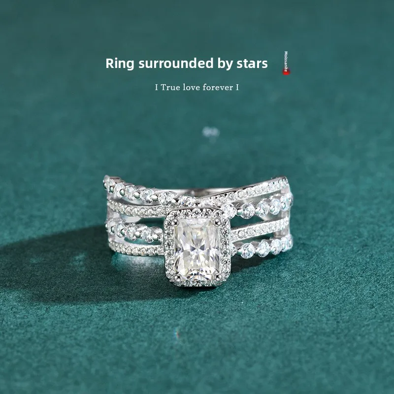 

S925 Silver White Gold Plated 1CT D Color Moissanite Starry Halo Radiant Cut Women's Ring, Exquisite Jewelry.
