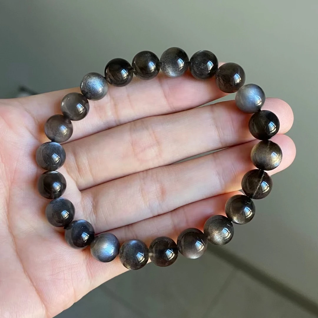 Natural Black Sunstone Moonstone Beads Bracelet 9mm Women Men Stretch Flash Light Crystal Clear Round Beads AAAAAA