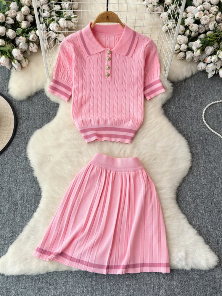 Foamlina Summer Women Fashion Striped Knitted Turn Down Collar Short Sleeve Crop Top and Elastic Waist Mini Pleated Skirt Suits