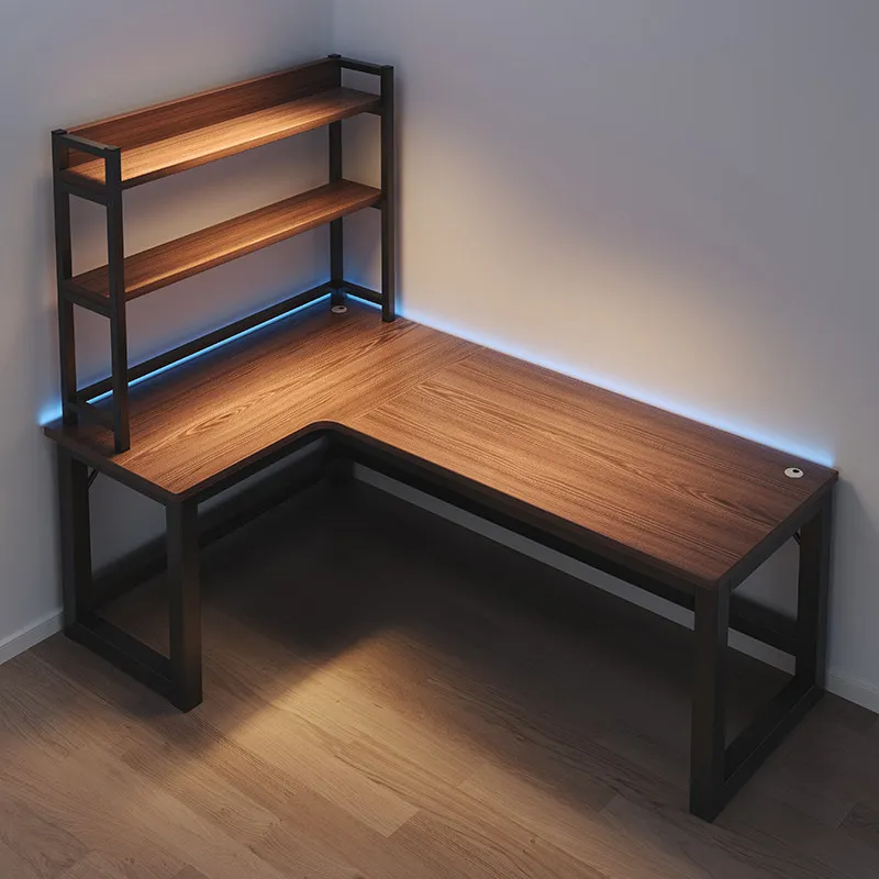 Gaming Table Double Desktop, Home Corner Type, Desk and Bookshelf Integrated Bedroom L-shaped Desk