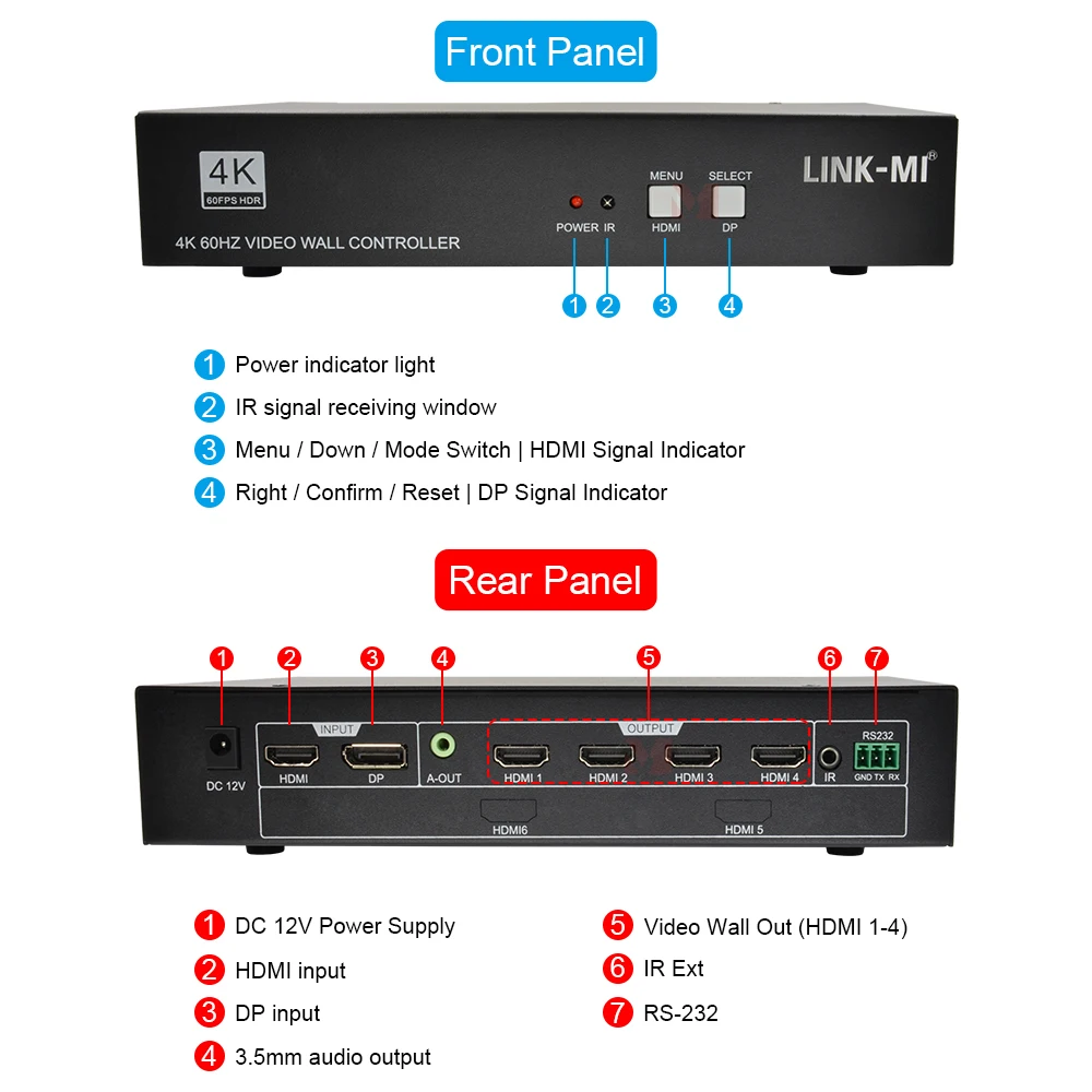 4K 2x2 Video Wall Controller with HDMI 2.0 and DisplayPort Inputs and RS232 Control Support 5760x3240@30Hz