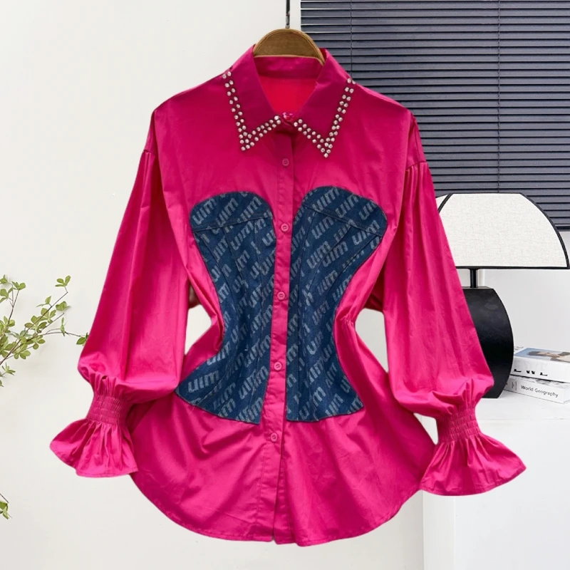 

2025,New,European,Clothes,Loose,Blouse,Chic,Sexy,Turn-down collar,Patchwork,Diamonds,Button,Women,Flare Sleeve,Shirt,Tops,57004