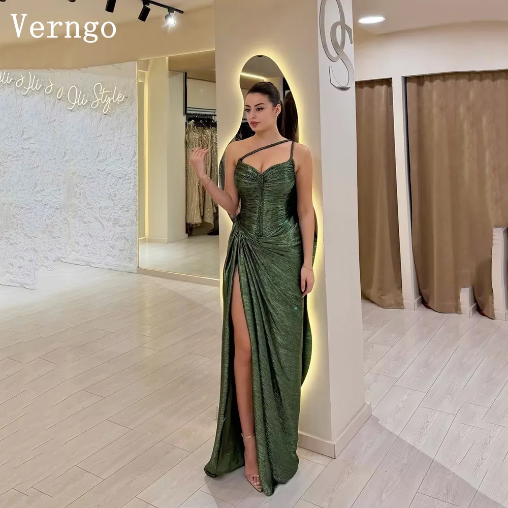 

Verngo Green Shiny Evening Dress One Shoulder Mermaid Sexy Side Slit Prom Gown Women Modern Party Dress Customized
