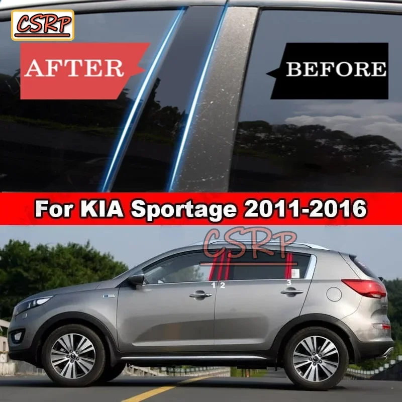 For KIA Sportage 2011-2016 Mirror Effect Car Window Door Column BC Pillar Post Cover Trim Black Carbon Fiber PC Material Sticker