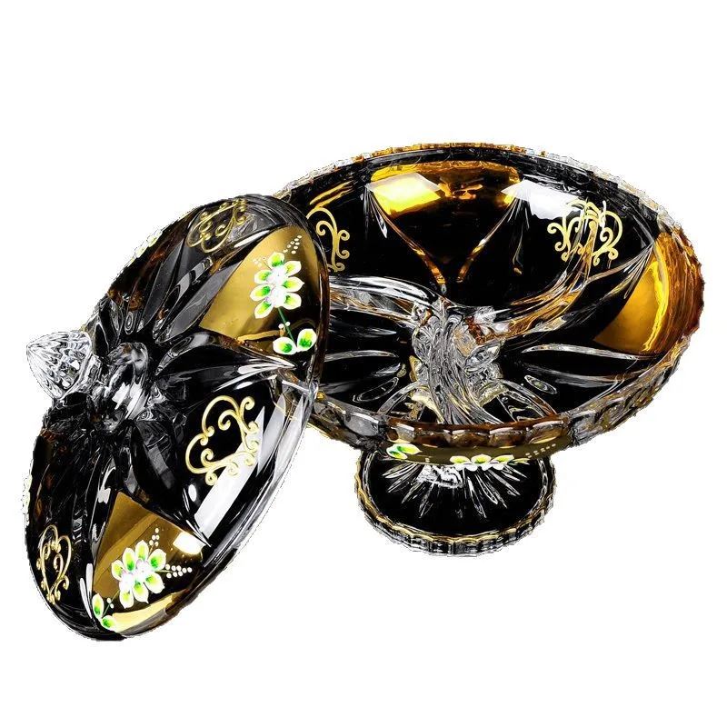 

European gold inlaid, crystal glass candy box, household living room with cover enamel, snack tank, nut snack dried fruit box