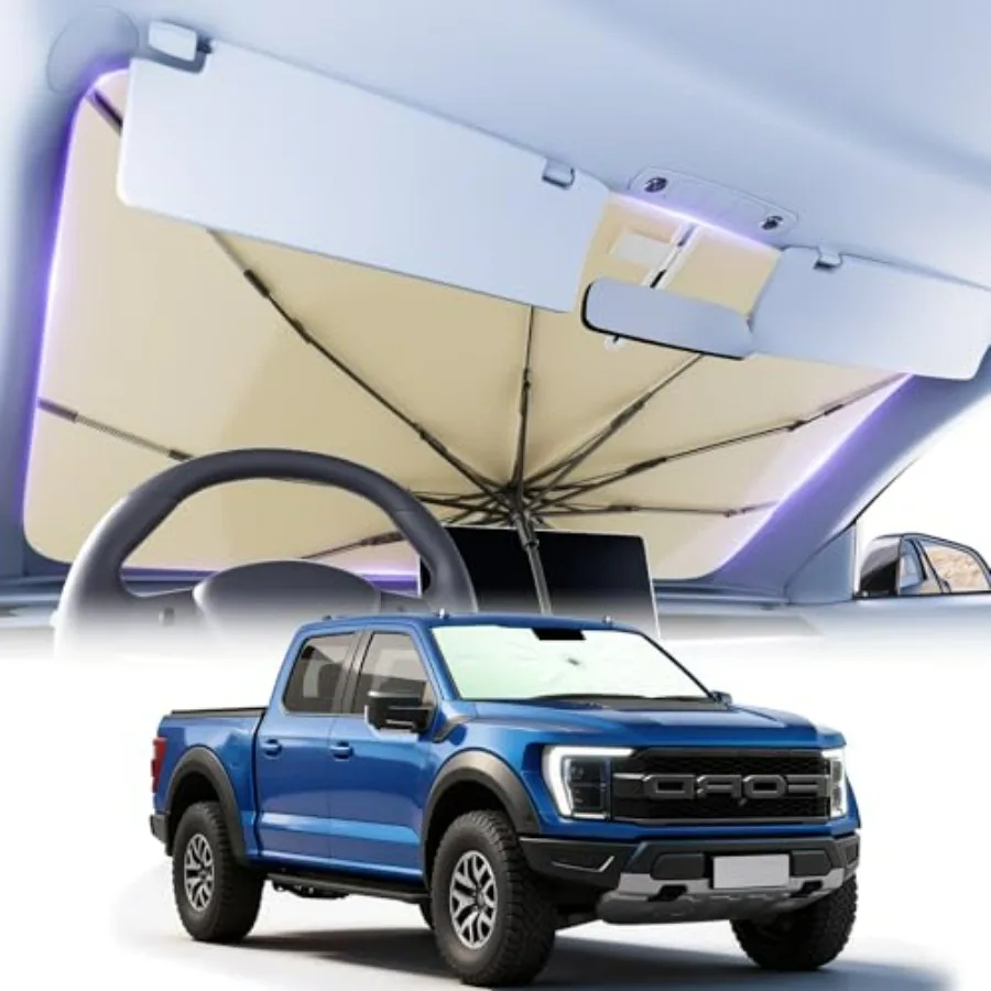

Car windshield sunshade umbrella for SUVs trucks vans: fiberglass ribs, V-cut mirror area, green-white color, 99 UV protection