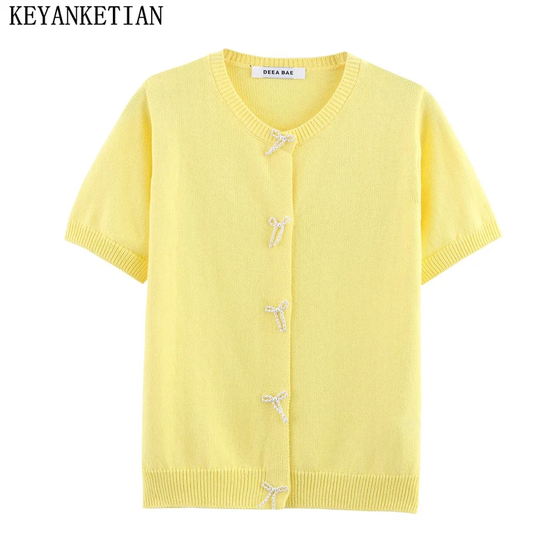 

KEYANKETIAN, новый летний женский однобортный вязаный кардиган с короткими рукавами и круглым вырезом, украшение в виде бабочки и банта, женский свитер