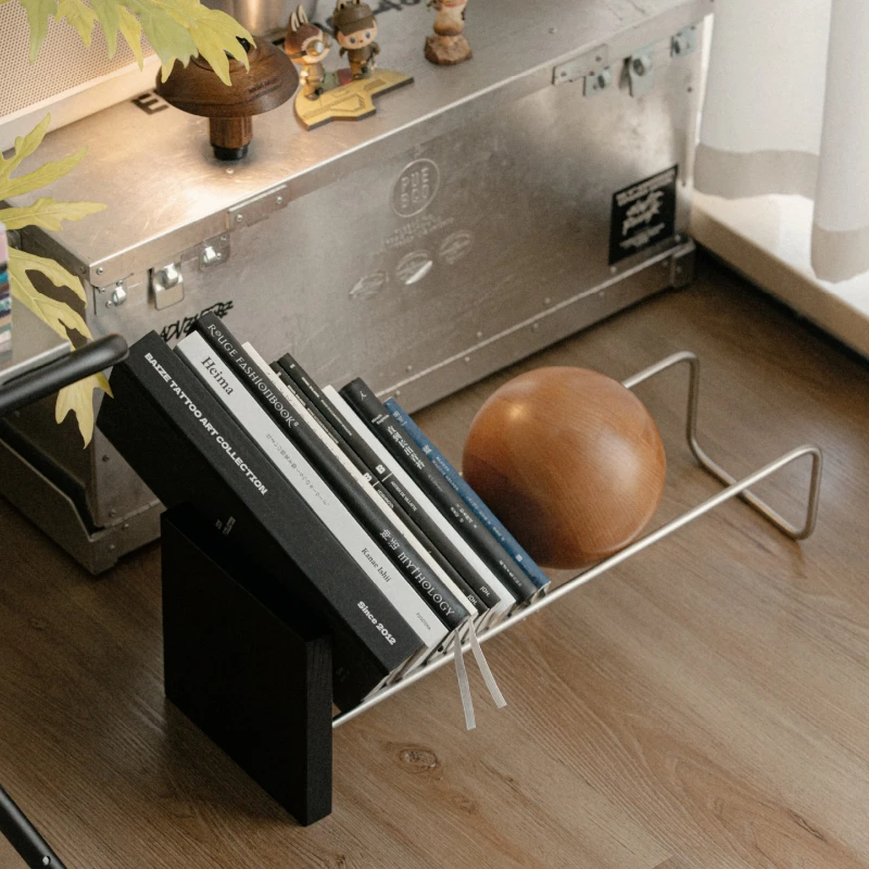 Bauhaus Style Magazine Rack with Wooden Ball Modern Vinyl Record Shelf Stainless Steel Round Ball