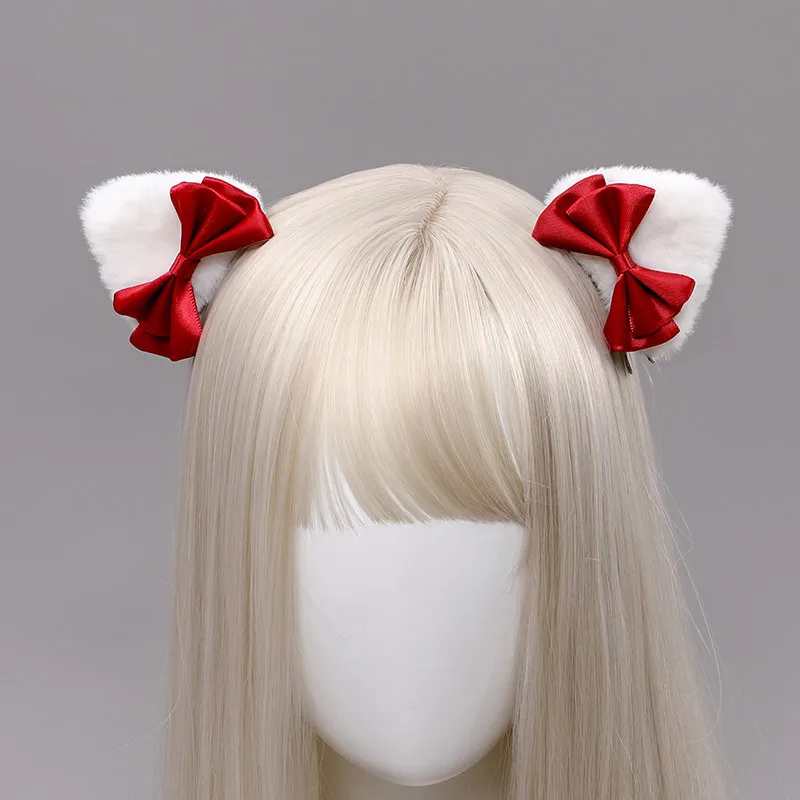 Lolita Headwear สีดําแมวหูคลิปผมสีแดง Bowknot น่ารักสาว Comic Con คอสเพลย์อุปกรณ์เสริมอะนิเมะประสิทธิภาพ Headdress