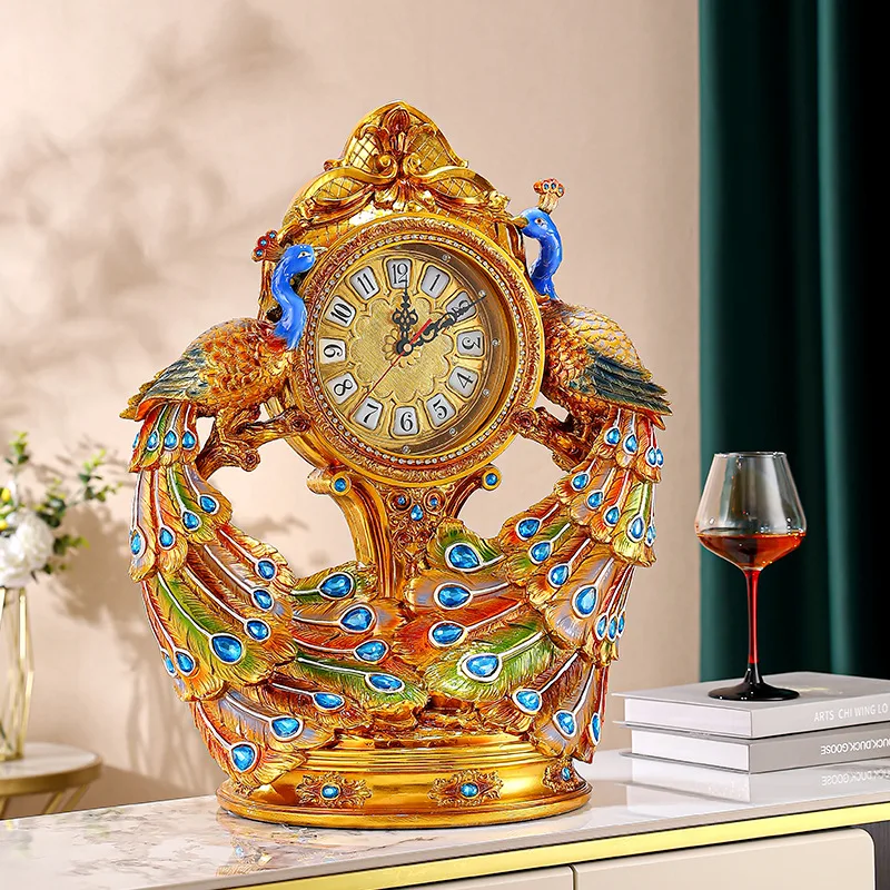 Living room floor clock European-style villa standing clock decoration gold-plated ornament peacock large seat clock high-end ho