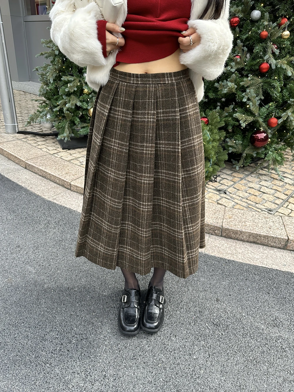 

Retro High Waist Plaid A-Line Skirt Women's Fashion City Commute Travel Casual Cotton Midi Skirt Korean Style