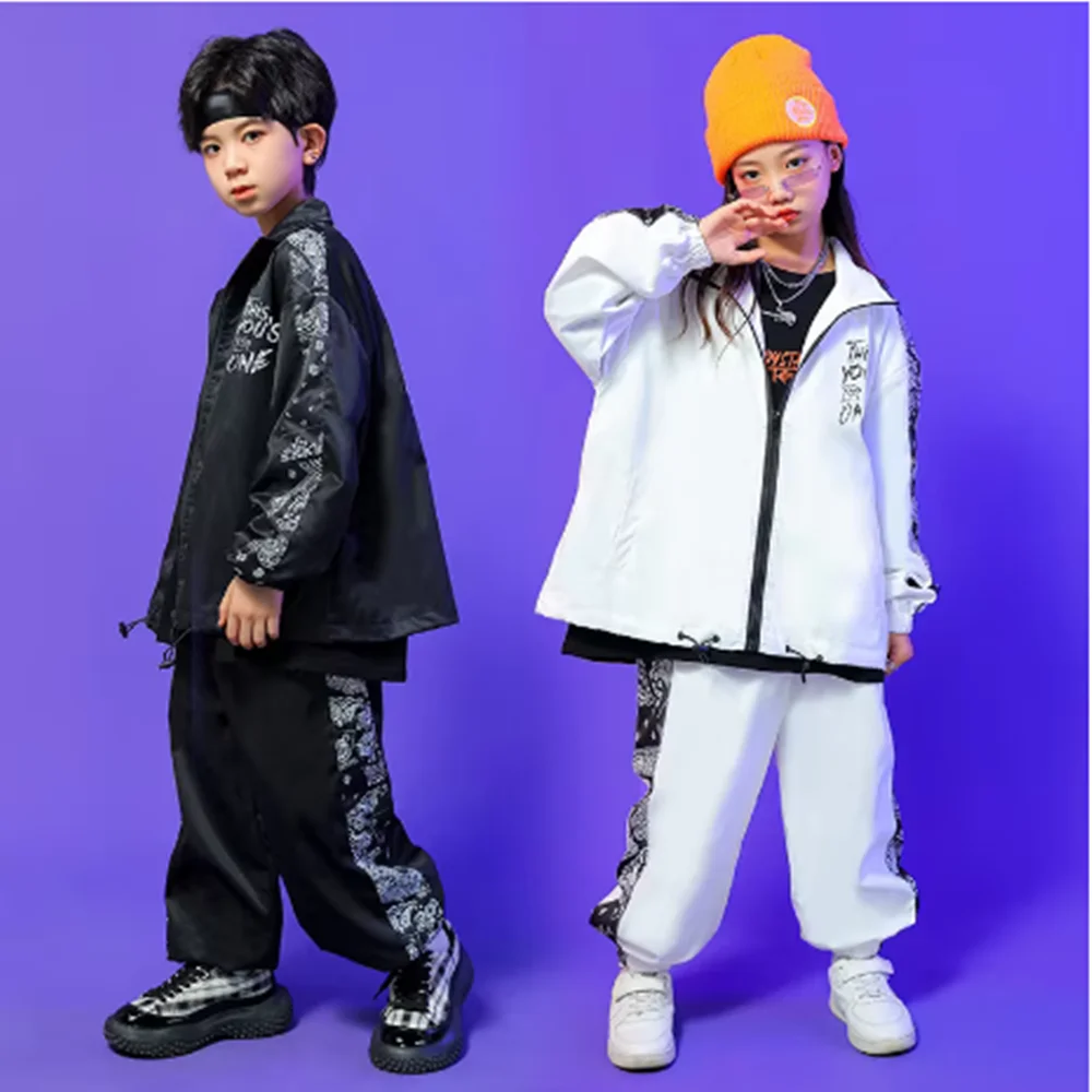 Kinder Street Dance Anzug Kinder Hip Hop Tanz Kleidung Jungen Mädchen Langarm Dancewear Jacke Hosen Sportswear Schwarz Weiß