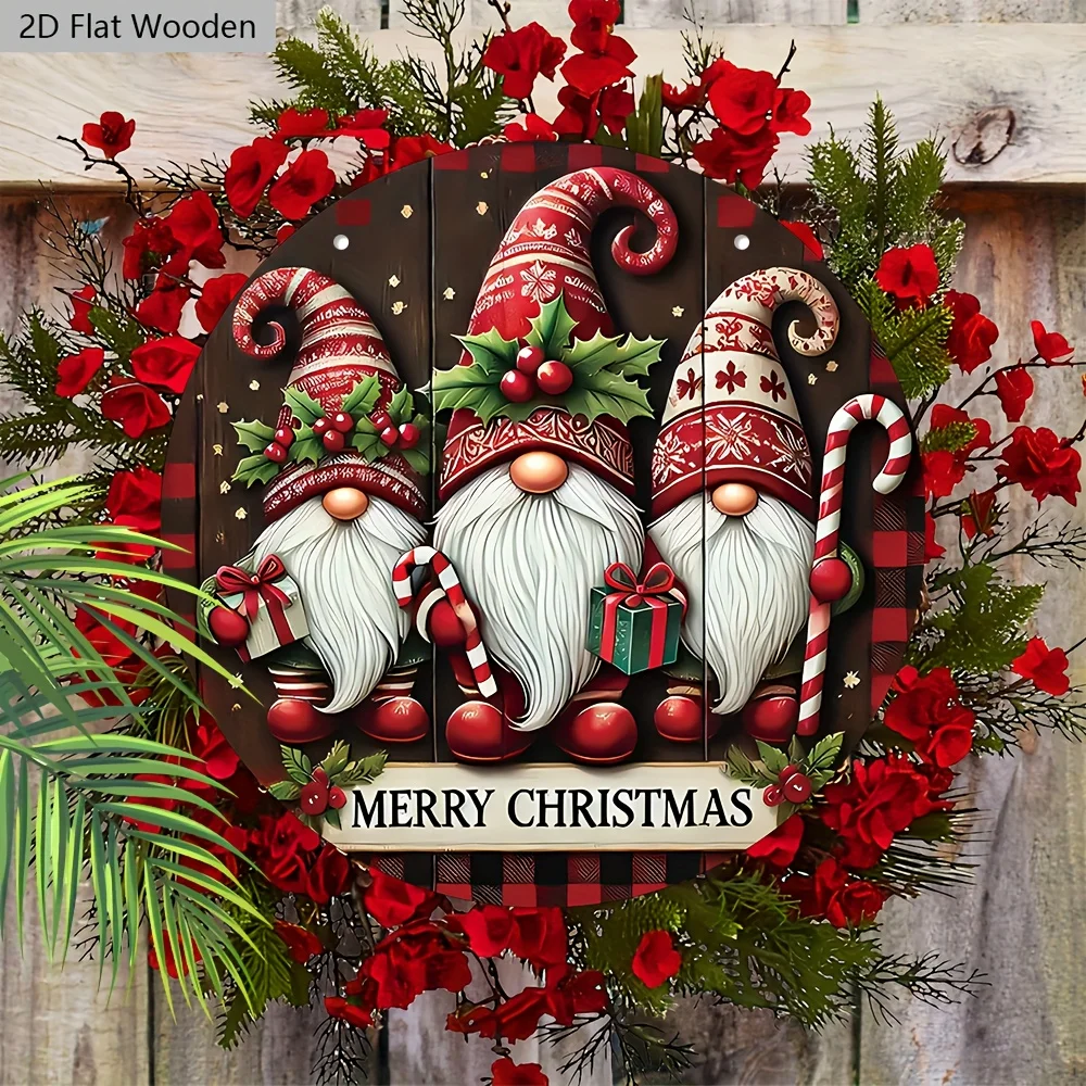 2D flach, 1 Stück Weihnachts-Holzschild mit Zwergenmuster – Frohe Weihnachten-Figurenornamente für Hof, Balkon, Haustürdekoration