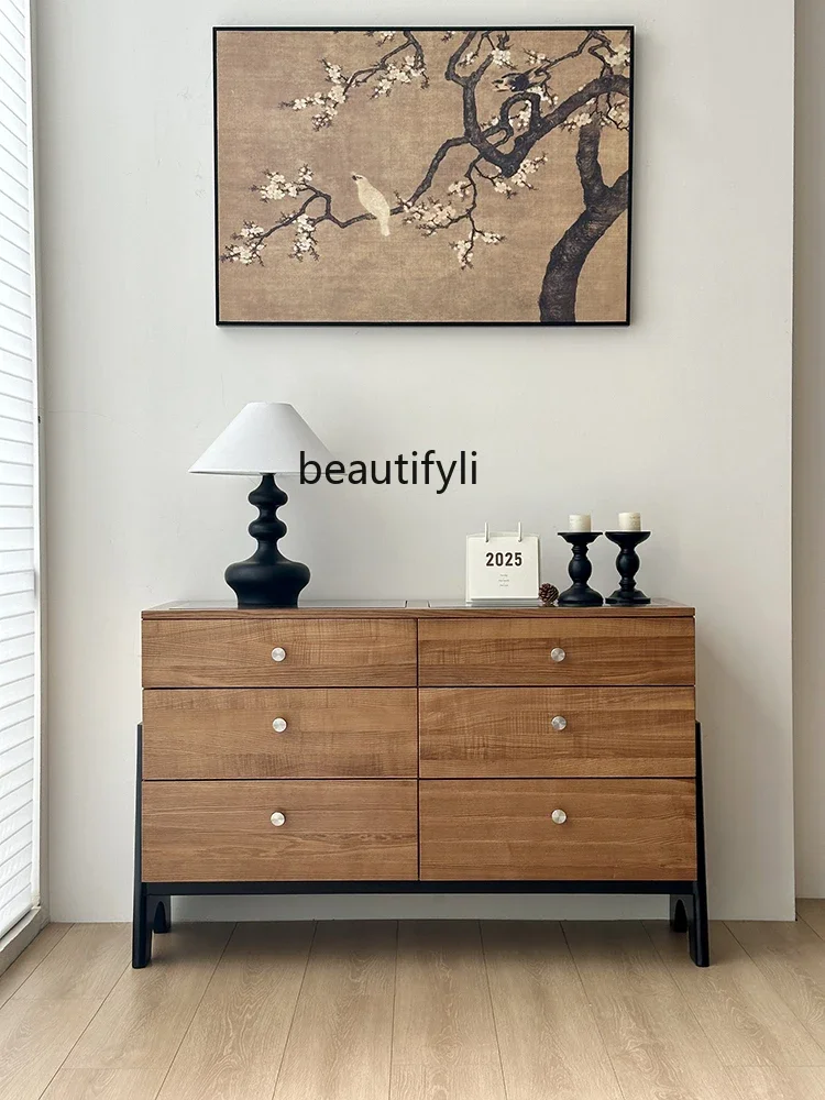 

Medieval style drawer cabinet solid wood retro bedside bedroom locker living room storage cabinet against the wall