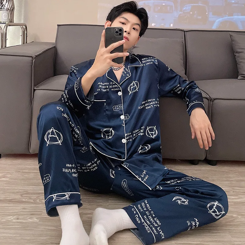 150kg Extra Large Size Ice Silk Pajamas Set Men\'s Autumn Long-sleeved Trousers Imitation Silk Loungewear Loose Home Clothes 5XL