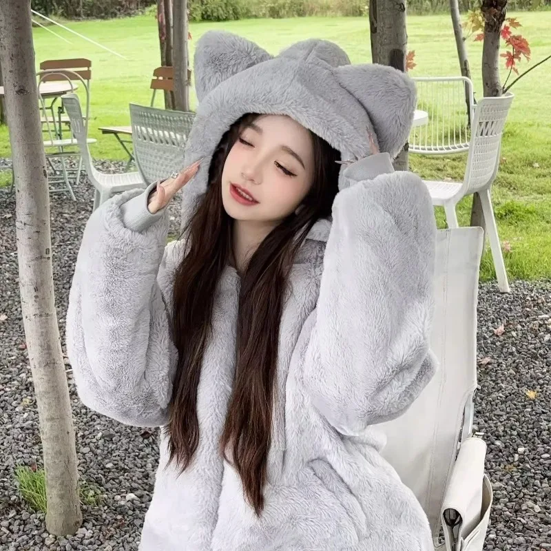 New Fashion Cat Ears Sweet and Cute Coat Women Autumn Winter Imitation Rabbit Fur Environmentally FriendlyThickened Warm Clothes