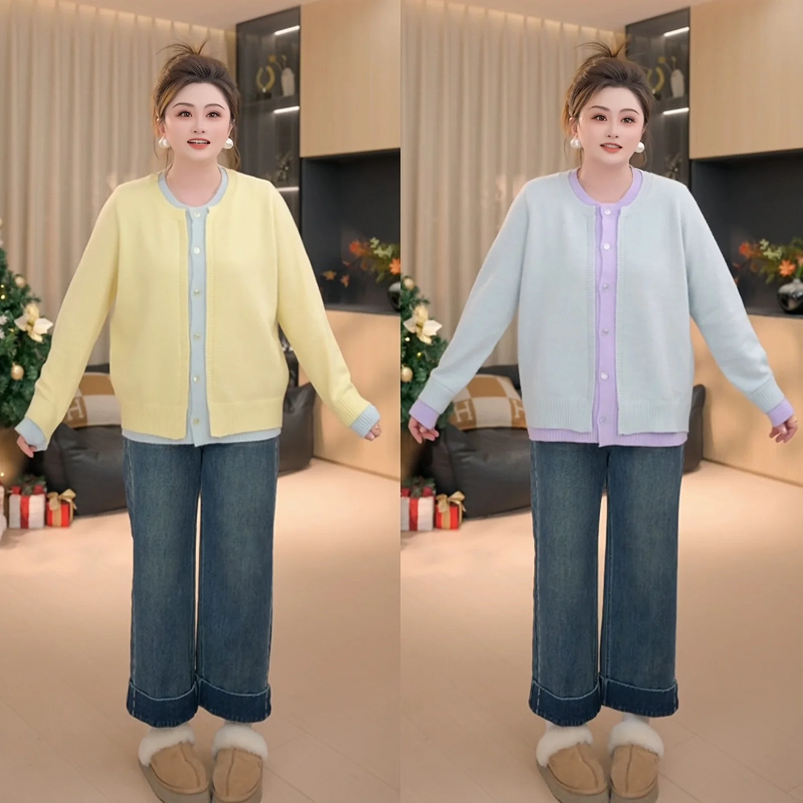 

Женский утепленный зимний вязаный свитер больших размеров, цвет ванильный, повседневный, с длинными рукавами, круглым вырезом, короткий кардиган