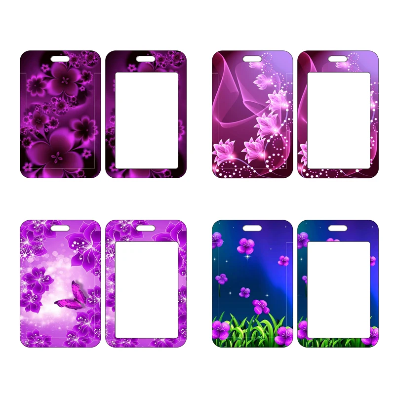 Purple Flower ID Card Holder Pretty Bank Cardholder Bus Card Case Women Christmas Gift Card Holders Protectors