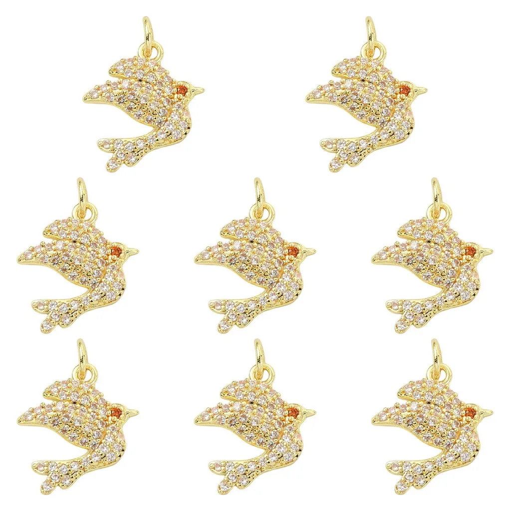 8Pcs Pigeon Bird Charms Brass Cubic Zirconia Pendants 18K Golden Plated For Jewelry Making DIY Necklace Bracelet Accessories