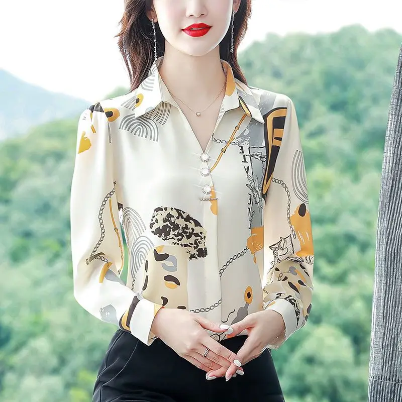 Spring Autumn New Women\'s Printed Button Polo-Neck Korean Version Elegant Loose Appear Thin Long Sleeve Chiffon Shirt Tops