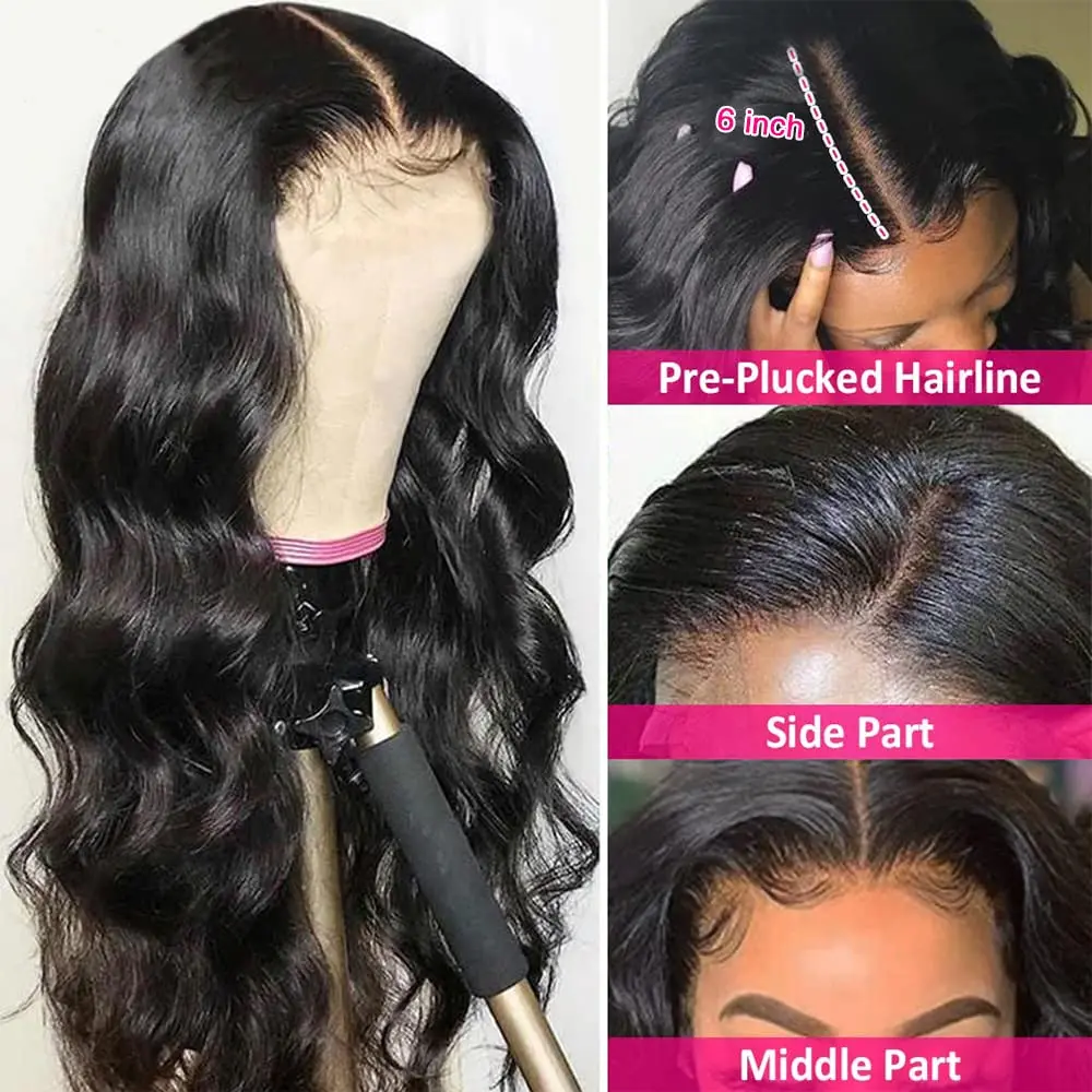 Ulrica Hair 34Inch Body Wave Lace Front Human Hair Wigs Brazilian Hair 13x6 Transparent Lace Frontal Wigs Black Wig Pre Plucked