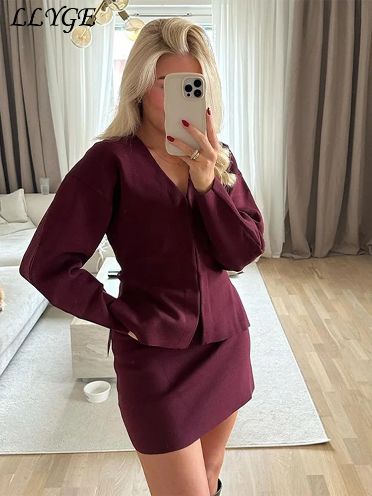 Elegant Knitted Wine Red Cardigan Mini Skirt Set Women V-neck Hidden Buckle A-line Skirts 2024 Autumn Lady Office Vintage Outfit