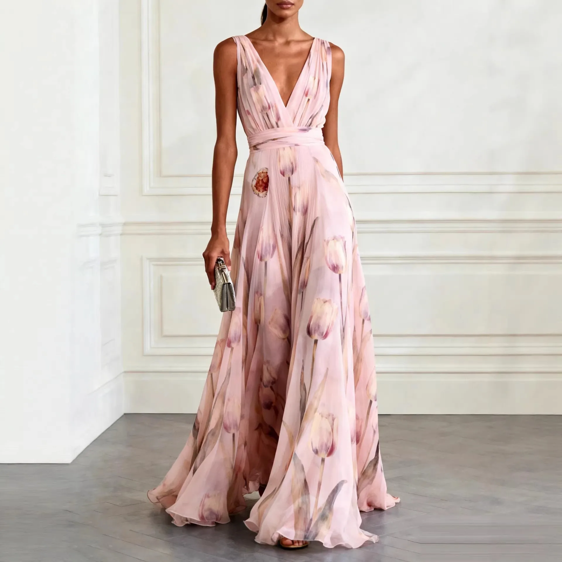 

European Women's Dresses: 2026 Summer New Arrivals—Stylish and Elegant Printed Party Dresses, Sleeveless V-Neck Long Dresses