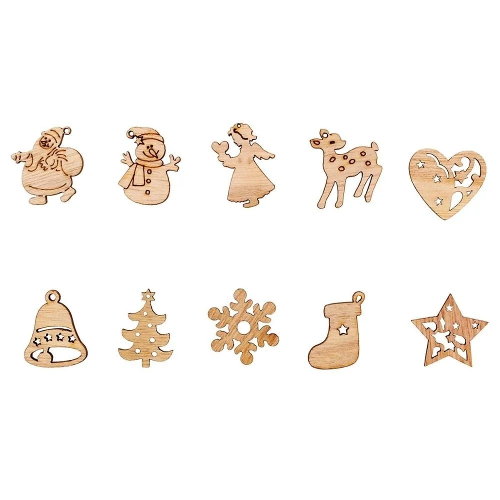 50Pcs Christmas Wooden Chip Santa Claus Snowflake DIY Crafts Xmas Tree Hanging Ornament Pendant Navidad Home Decorations